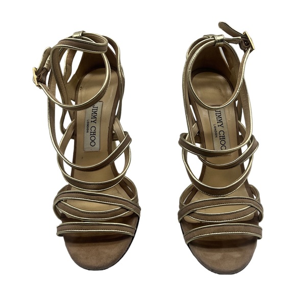 Jimmy Choo Shoes - Jimmy Choo Beige Suede with Gold Accent Strappy Sandal Heels Sz 38
